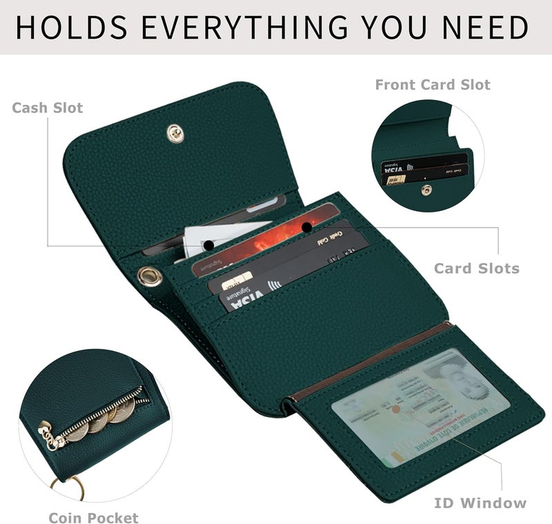 Sunpour Women Small Wallet RFID Blocking Slim Wallet with Coin Pocket Tri-Fold Credit Card Holder with ID Window and Keychain (Dark Green) - Image 3
